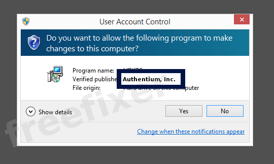 Screenshot where Authentium, Inc. appears as the verified publisher in the UAC dialog